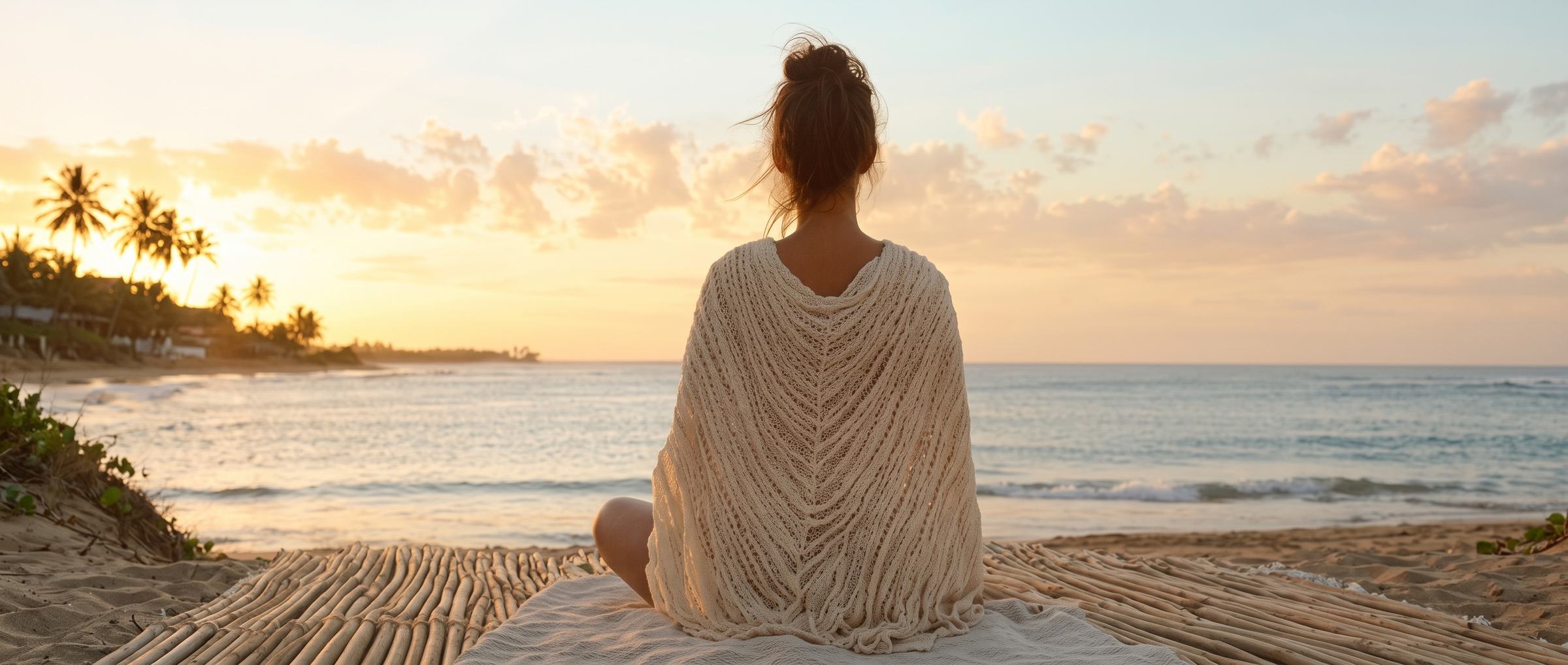 Uma mulher contempla o mar ao nascer do sol